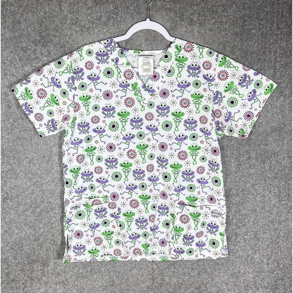 Uniform Advantage UA Silly Frog Scrub Top Womens Size Medium‎ Pockets V-Neck - Picture 1 of 12